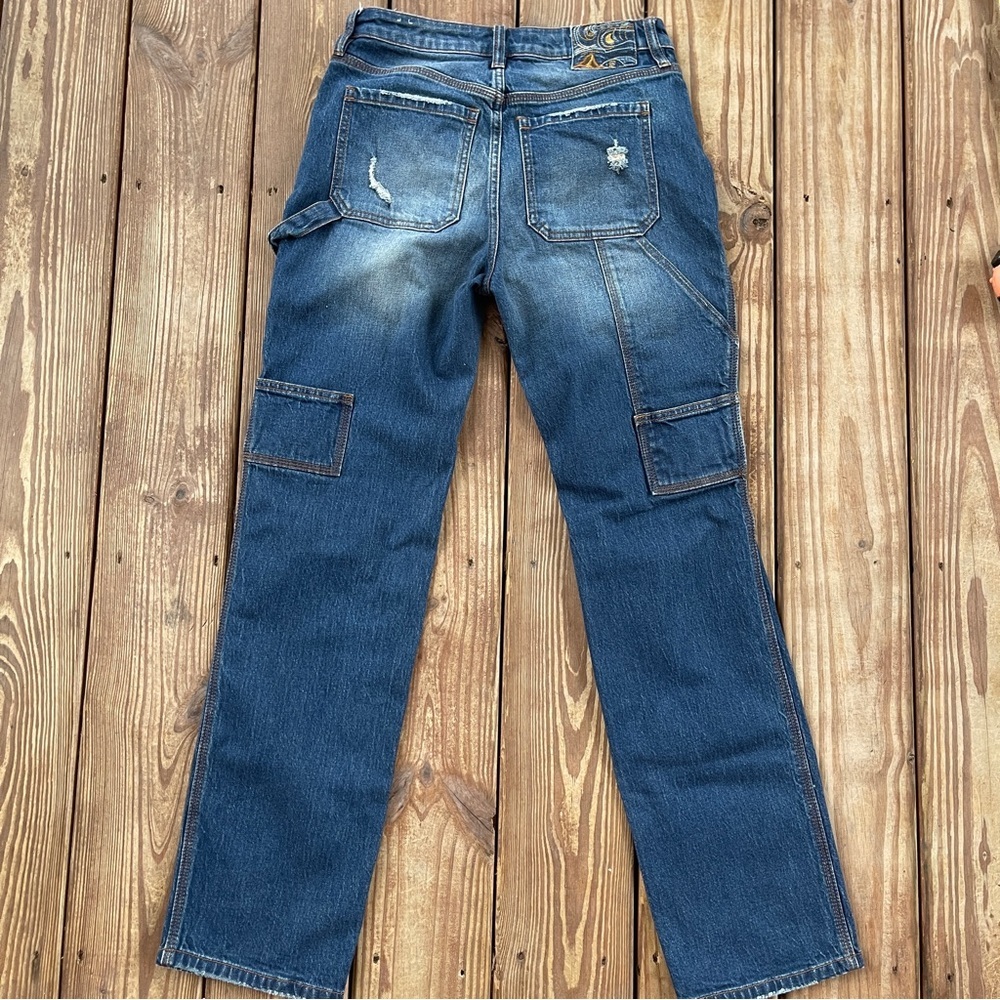 Cleo + Wolf High Rise Straight Carpenter Jeans Distressed Dark Wash 27x32 - Picture 10 of 13